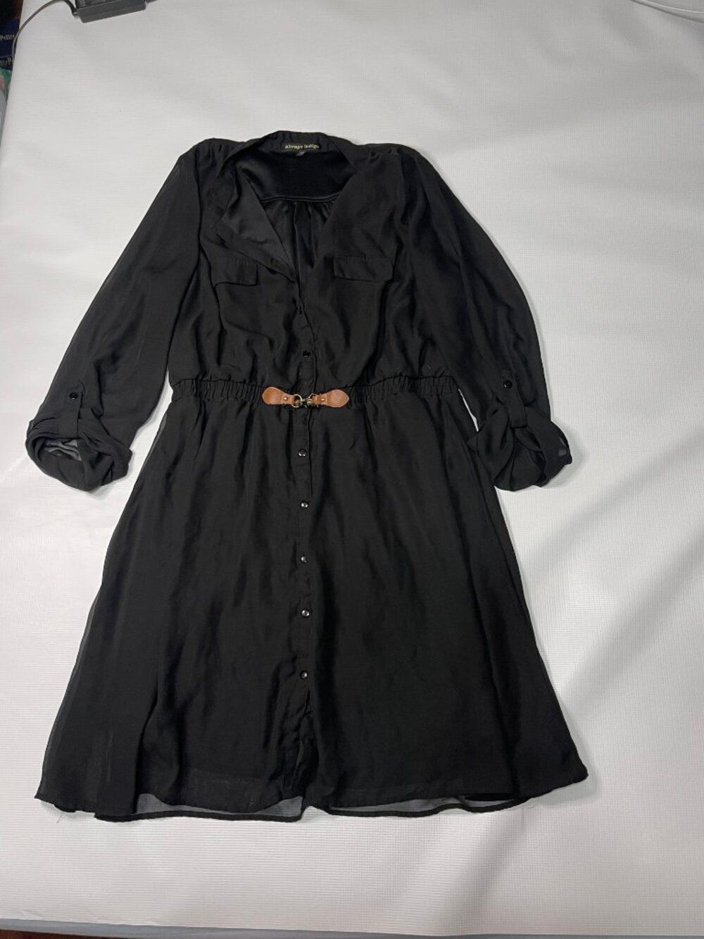 Always Indigo Black Long-Sleeve Belted Shirt Midi Dress, Size 2X